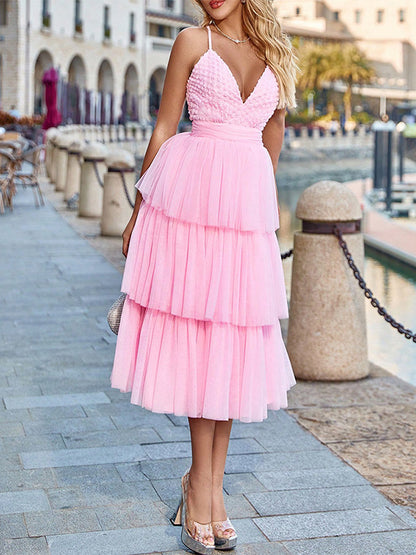 Fairylike Tulle Dress Layered V-Neck Halter Backless Sweet Midi Dresses
