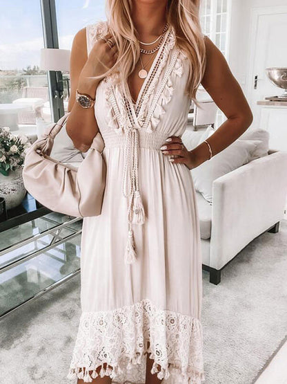 Fringe High Low Design Sexy V-Neck Sleeveless Midi Dress