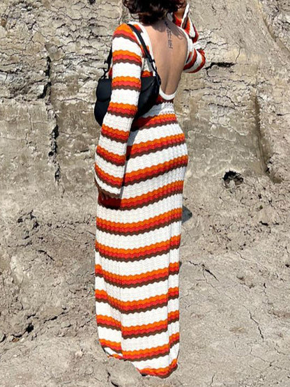 Long Sleeves Loose Backless Split-Joint Striped Round-Neck Maxi Dresses Sweater Dresses