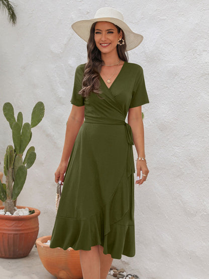 Wrap Dress Short Sleeves Belted Ruffles Edge Summer Casual Midi Dresses