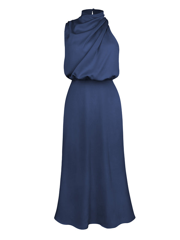 Sleeveless Solid Color Halter-Neck Midi Dresses