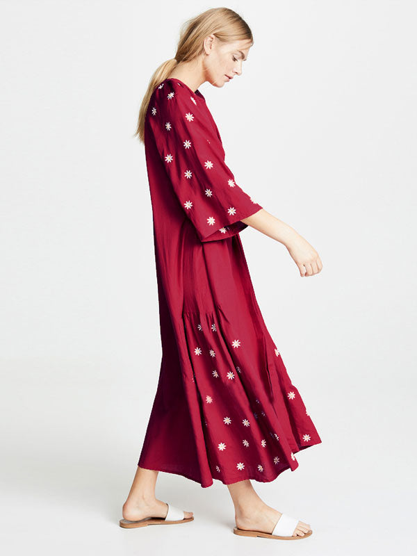 Boho Dress Burgundy V-Neck 3/4 Length Sleeves Embroidered Bohemian Gypsy Belted Beach Vacation Spring Summer Midi Dress For Women