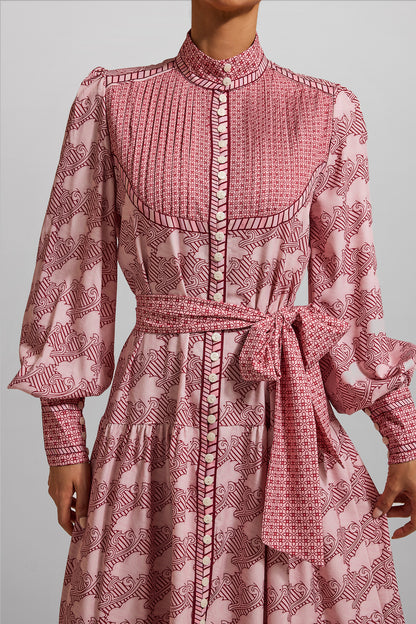 Geometric Patterns Lantern Sleeve Midi Dress With Belt