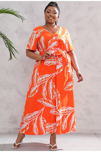 Plus Size High Waist Western V-neck Midi Dress Printed Black Sexy Trendy Dress