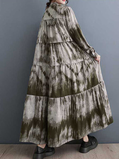 A-Line Long Sleeves Pleated Printed Split-Joint Stand Collar Midi Dresses