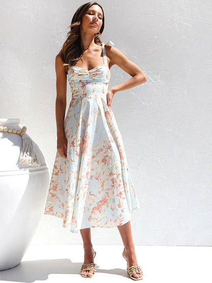 Print Midi Dress Floral Sleeveless Sweetheart Neck Casual Lace Up Backless Summer Dresses