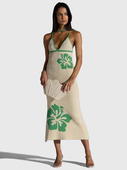 Knitted Dress Delicate Floral Halter Crossover Back Fitted Party Midi Dresses
