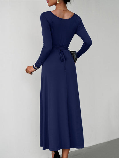 A-Line High Waisted Solid Color Tied Waist U-Neck Midi Dresses