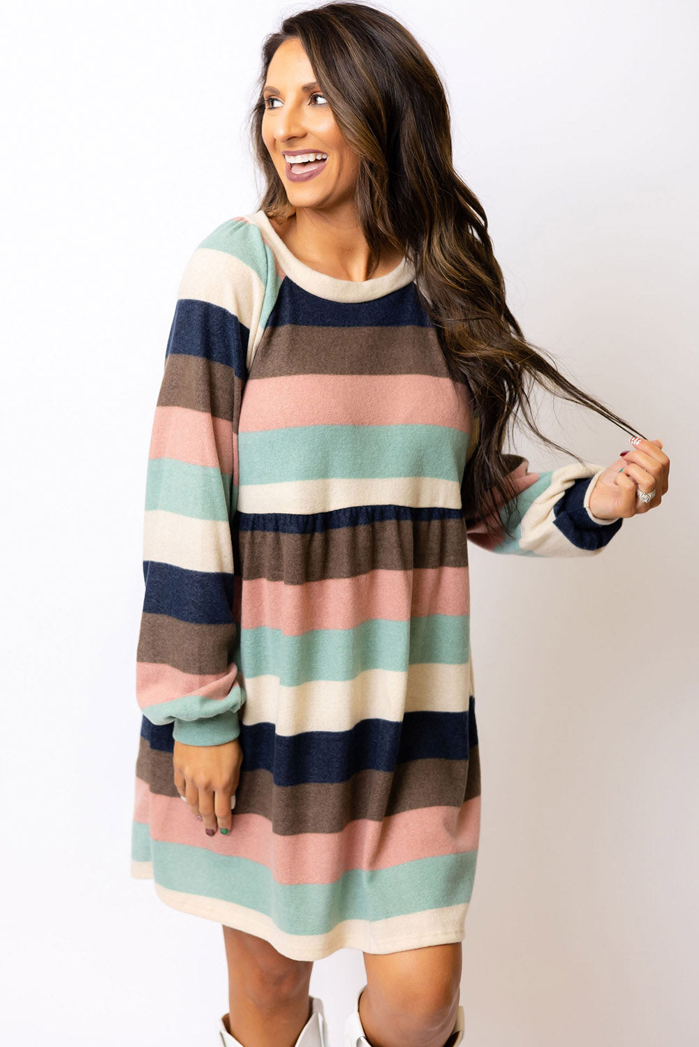Multicolor Striped Color Block Long Sleeve Mini Dress