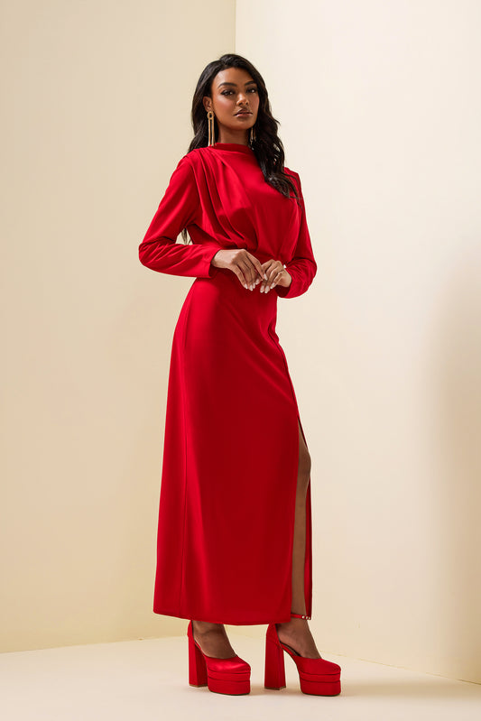 Solid High Split Long Sleeve Midi Dress