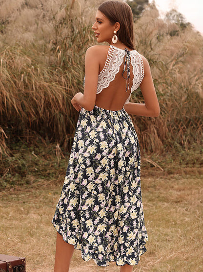 Print Midi Dresses Floral Spaghetti Straps High Low Design Lace Straps Neck Sleeveless Backless Sexy Summer Long Dress