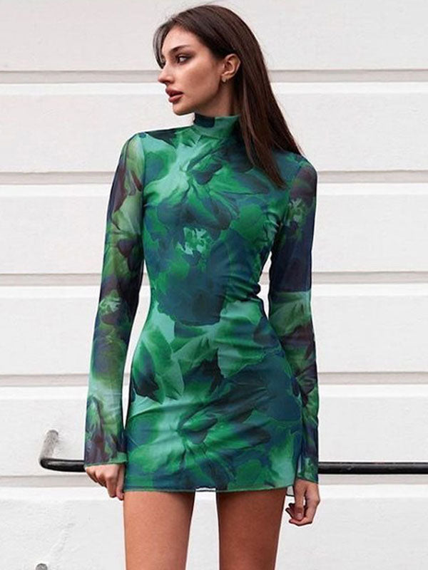 Tie-Dye Bodycon Dress Mock Neck Long Sleeves Slit Tulle Mini Dresses