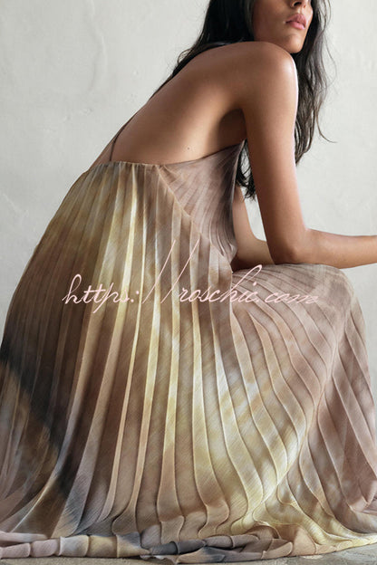 Tie-dye Printed Halter Neck Pleated Backless Midi Dress