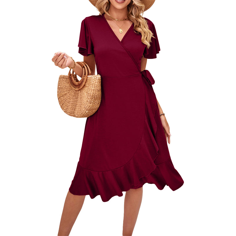 V-Neck Short Sleeve Irregular Midi Dress in Various Colors