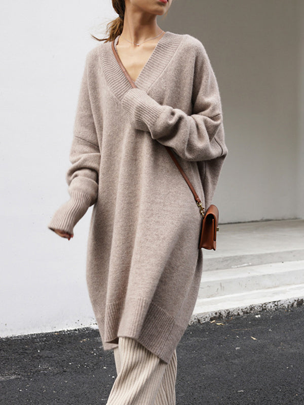 Stylish Long Sleeves Loose Solid Color V-Neck Sweater Dresses