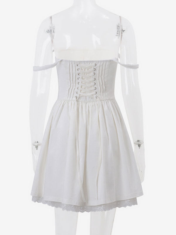 Summer Mini Dresses White Straps Neck Lace Beach Dress