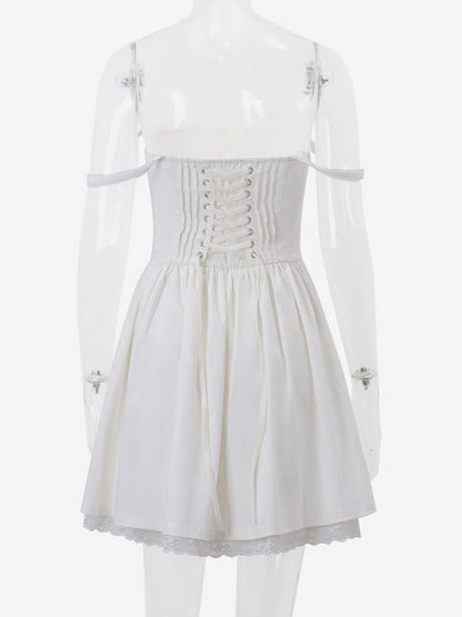 Summer Mini Dresses White Straps Neck Lace Beach Dress