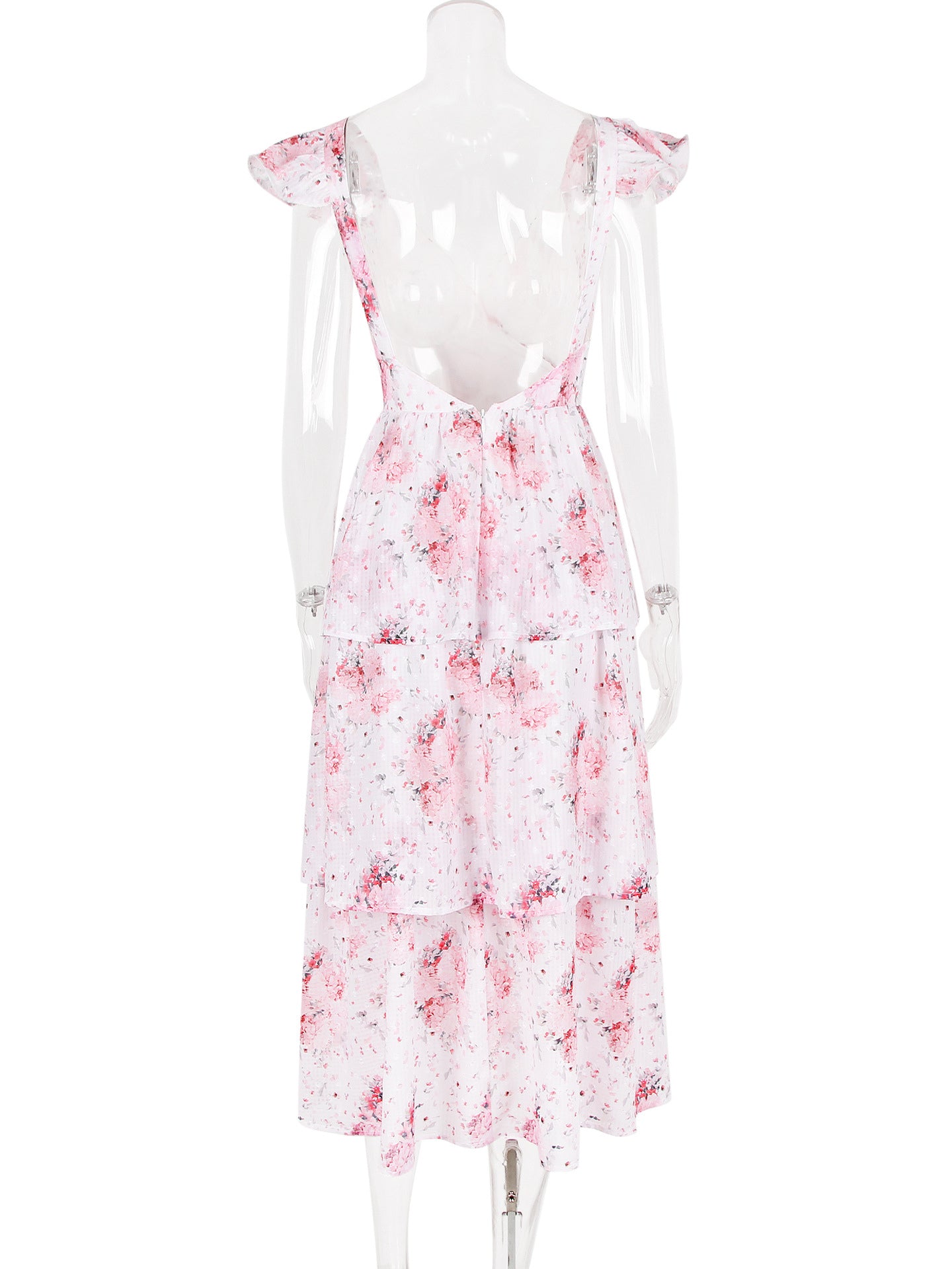 Floral Dress Layered Ruffles Sleeveless Open Back Brunch Party Midi Dresses