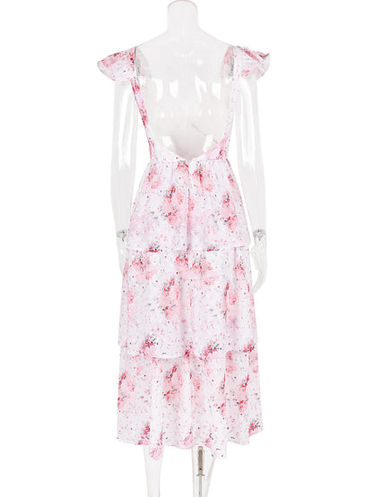 Floral Dress Layered Ruffles Sleeveless Open Back Brunch Party Midi Dresses