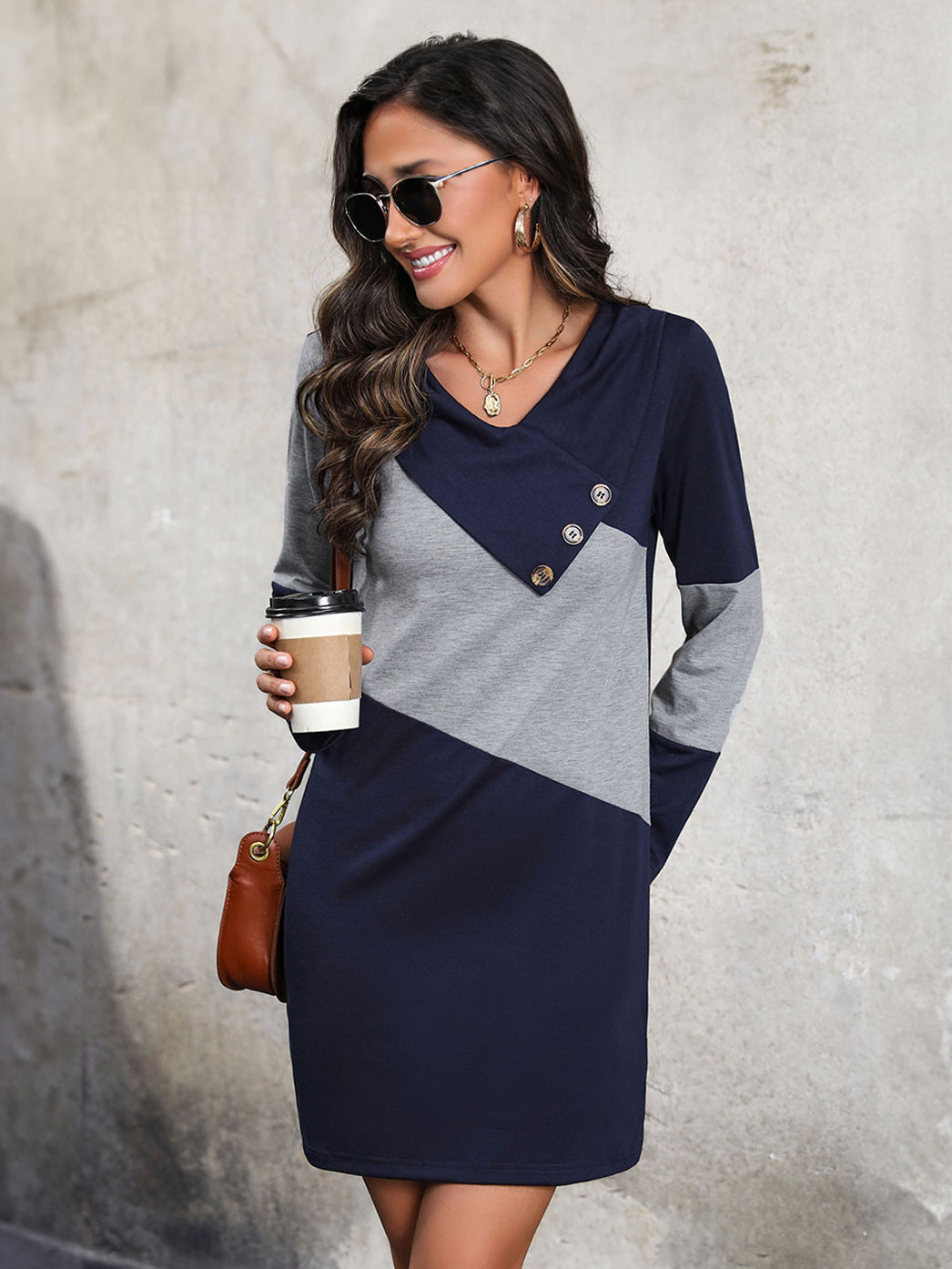 Patchwork Dress V-Neck Long Sleeves Buttons Day Mini Dresses