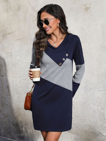 Patchwork Dress V-Neck Long Sleeves Buttons Day Mini Dresses