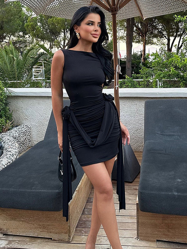 Black Bodycon Dresses Jewel Neck Ruched Blossom Sleeveless Pencil Mini Dress