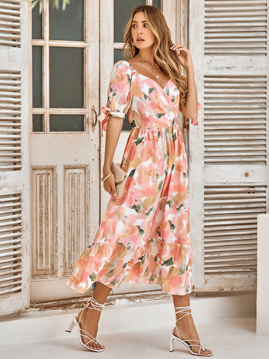 Floral Dress V-Neck Short Sleeves Casual Printed Midi Dress