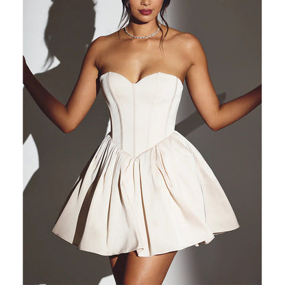 TARUXY Women Splice Strapless Mini Dress Sleeveless Sexy Elegant Back Lace Up High Waist Solid Female Short Evening Dress Summer