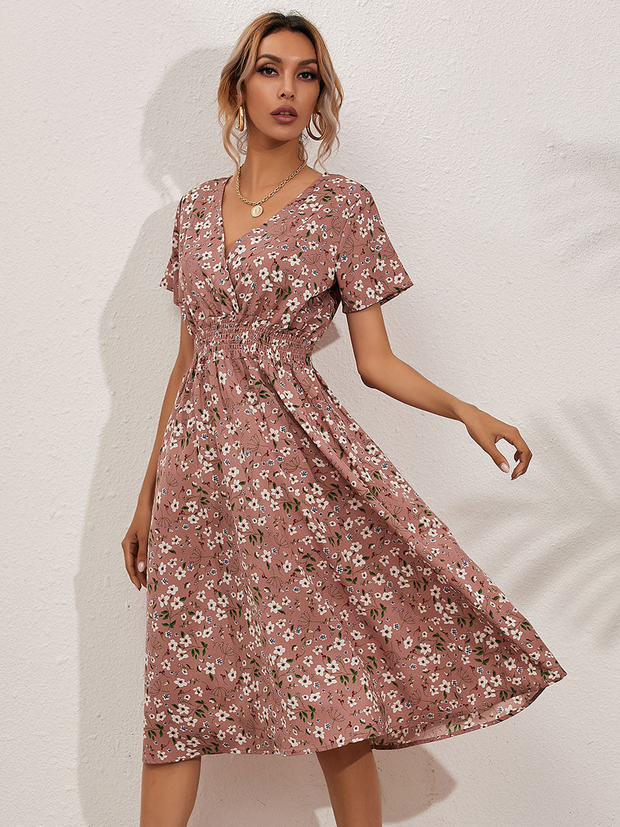 Midi Dress V-Neck Short Sleeves Floral Printed   Chic Summer Dress