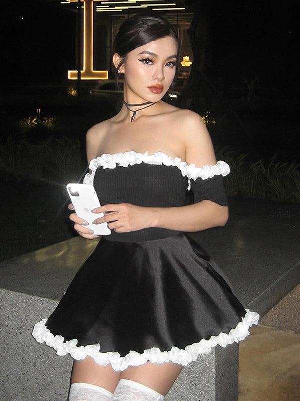 Off Shoulder Dress Ruffles Trim Contrast Sexy Mini Dresses
