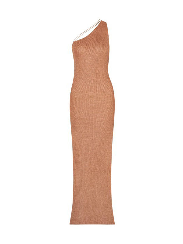 Bodycon Sleeveless Asymmetric Solid Color Split-Side One-Shoulder Maxi Dresses