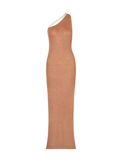 Bodycon Sleeveless Asymmetric Solid Color Split-Side One-Shoulder Maxi Dresses