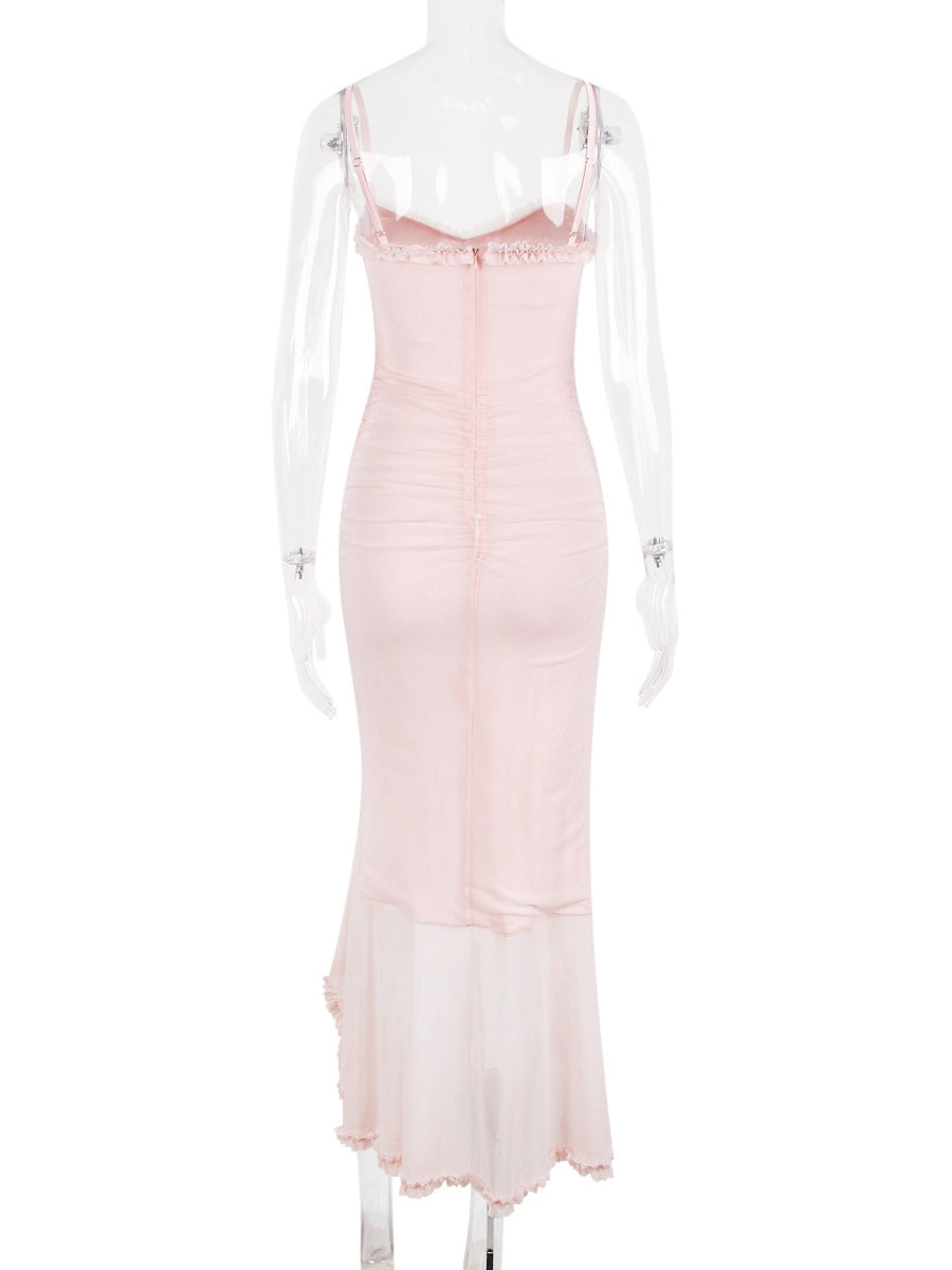 Pink Dress High-Low Cutout Spaghetti Strap Pleated Sexy Party Midi Dresses