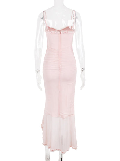 Pink Dress High-Low Cutout Spaghetti Strap Pleated Sexy Party Midi Dresses
