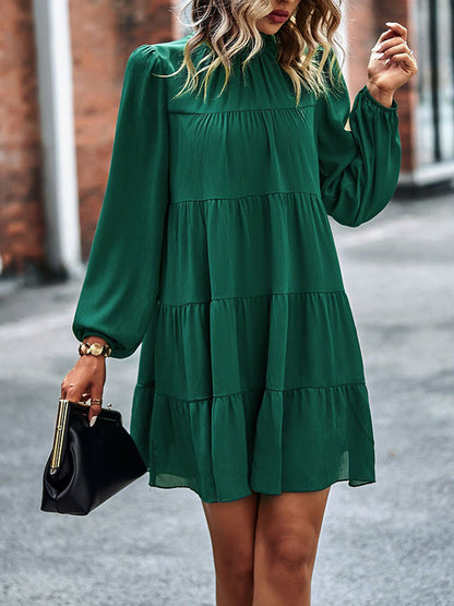 A-Line Bishop Sleeve Elasticity Pleated Solid Color Split-Joint Tied Mock Neck Mini Dresses