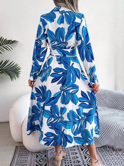 Long Sleeves Loose Printed Split-Joint Tied Waist Lapel Shirt Dress
