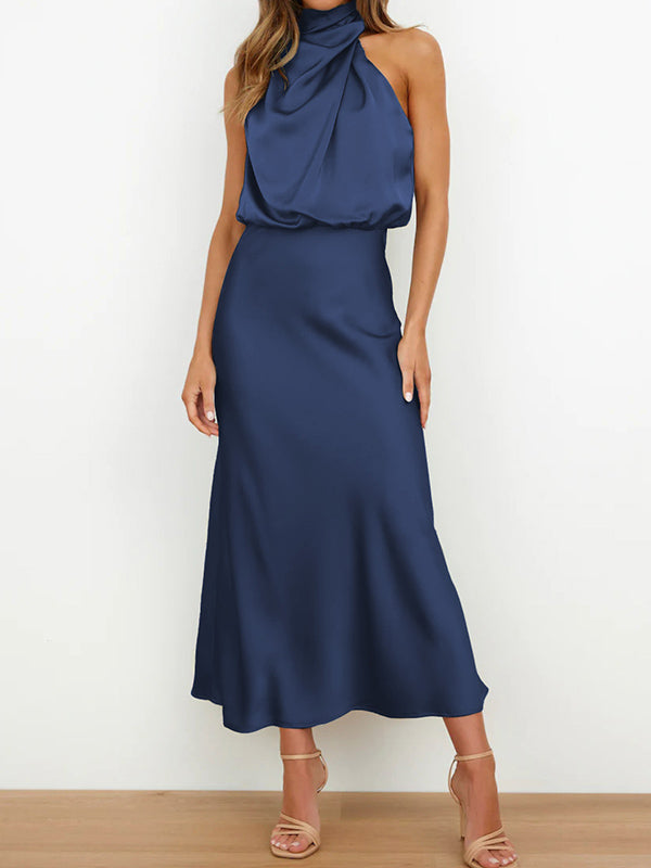 Sleeveless Solid Color Halter-Neck Midi Dresses