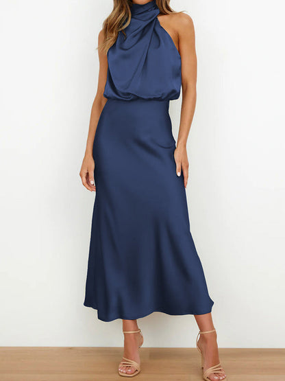 Sleeveless Solid Color Halter-Neck Midi Dresses