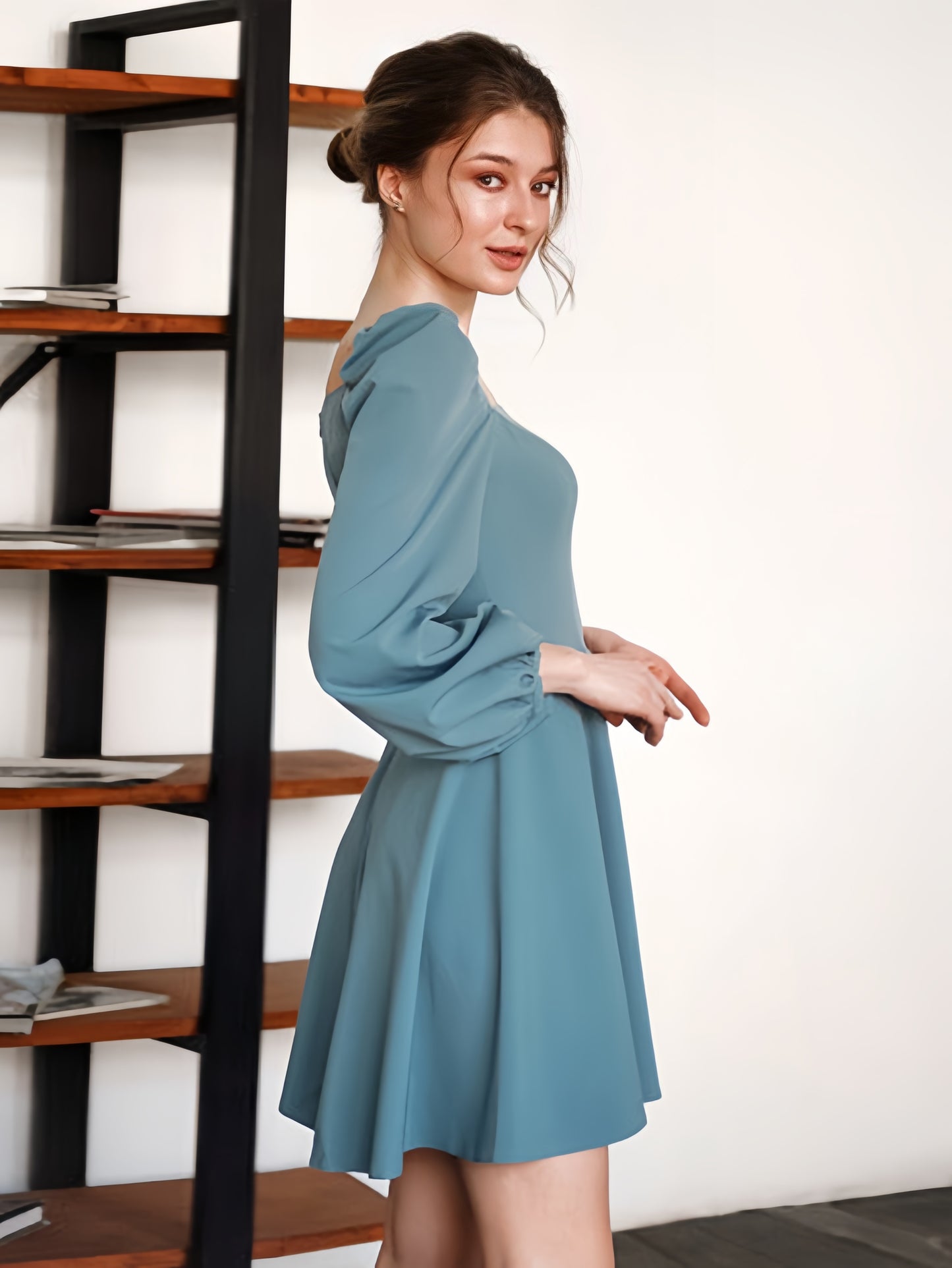 Casual Skater Dresses Square Neck Long Sleeves Flared Mini Dress