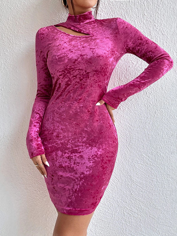 High Waisted Long Sleeves Hollow Solid Color Mock Neck Mini Dresses