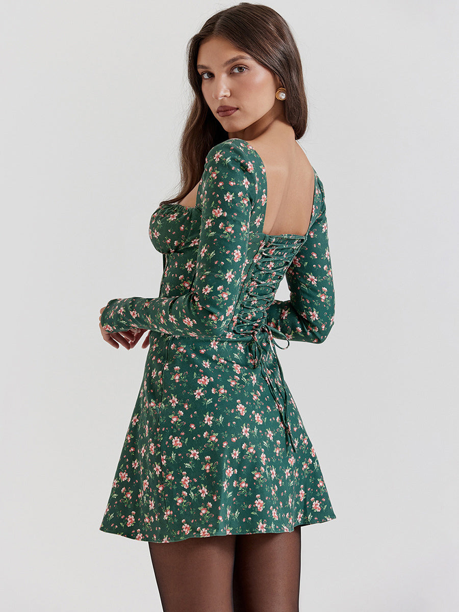 Sweet Sheath Dress Mini Floral Square Neck Long Sleeves Lace-up Mini Dresses