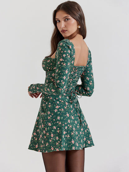 Sweet Sheath Dress Mini Floral Square Neck Long Sleeves Lace-up Mini Dresses