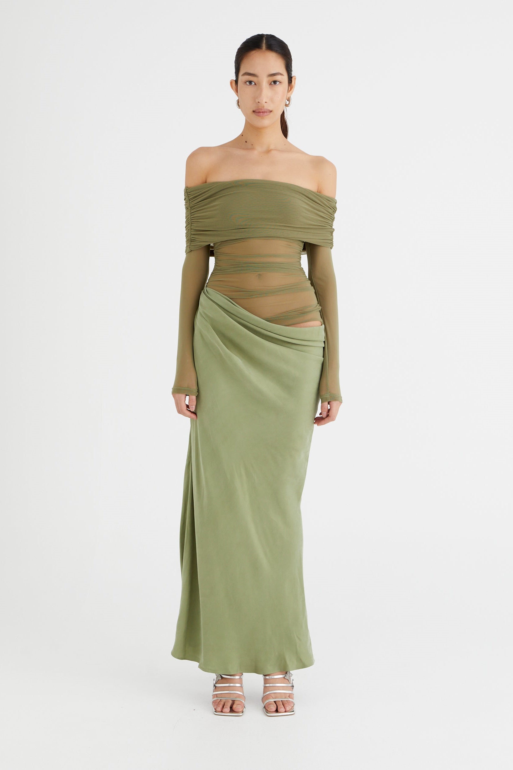 Off Shoulder Long Sleeve Mesh Ruched Cutout Hip Wrap Maxi Dress