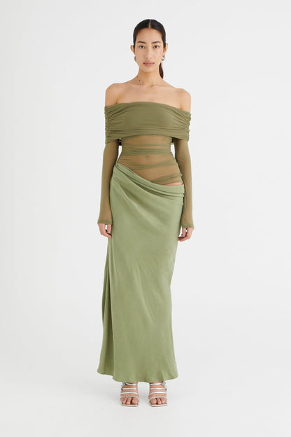 Off Shoulder Long Sleeve Mesh Ruched Cutout Hip Wrap Maxi Dress