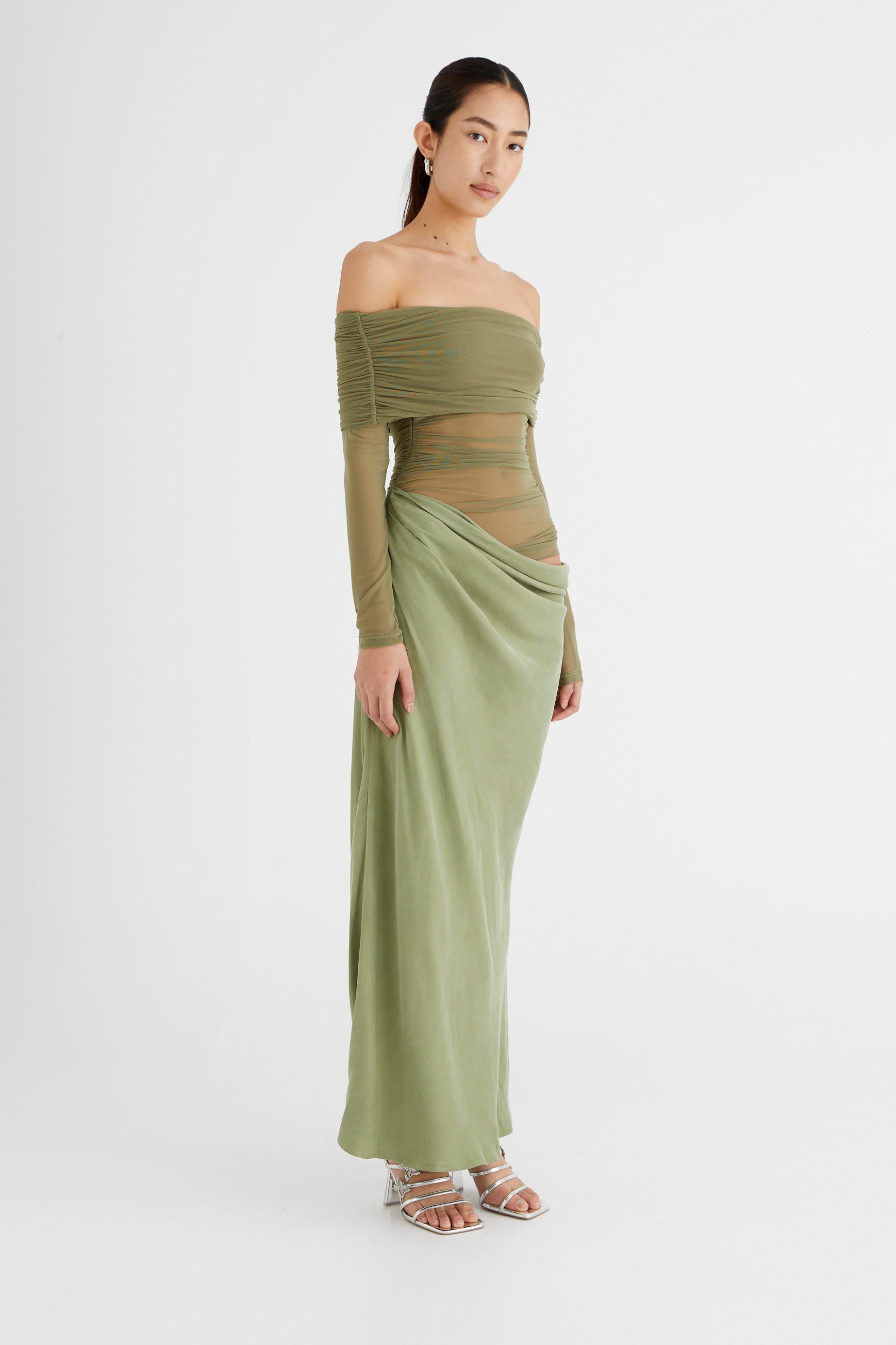 Off Shoulder Long Sleeve Mesh Ruched Cutout Hip Wrap Maxi Dress