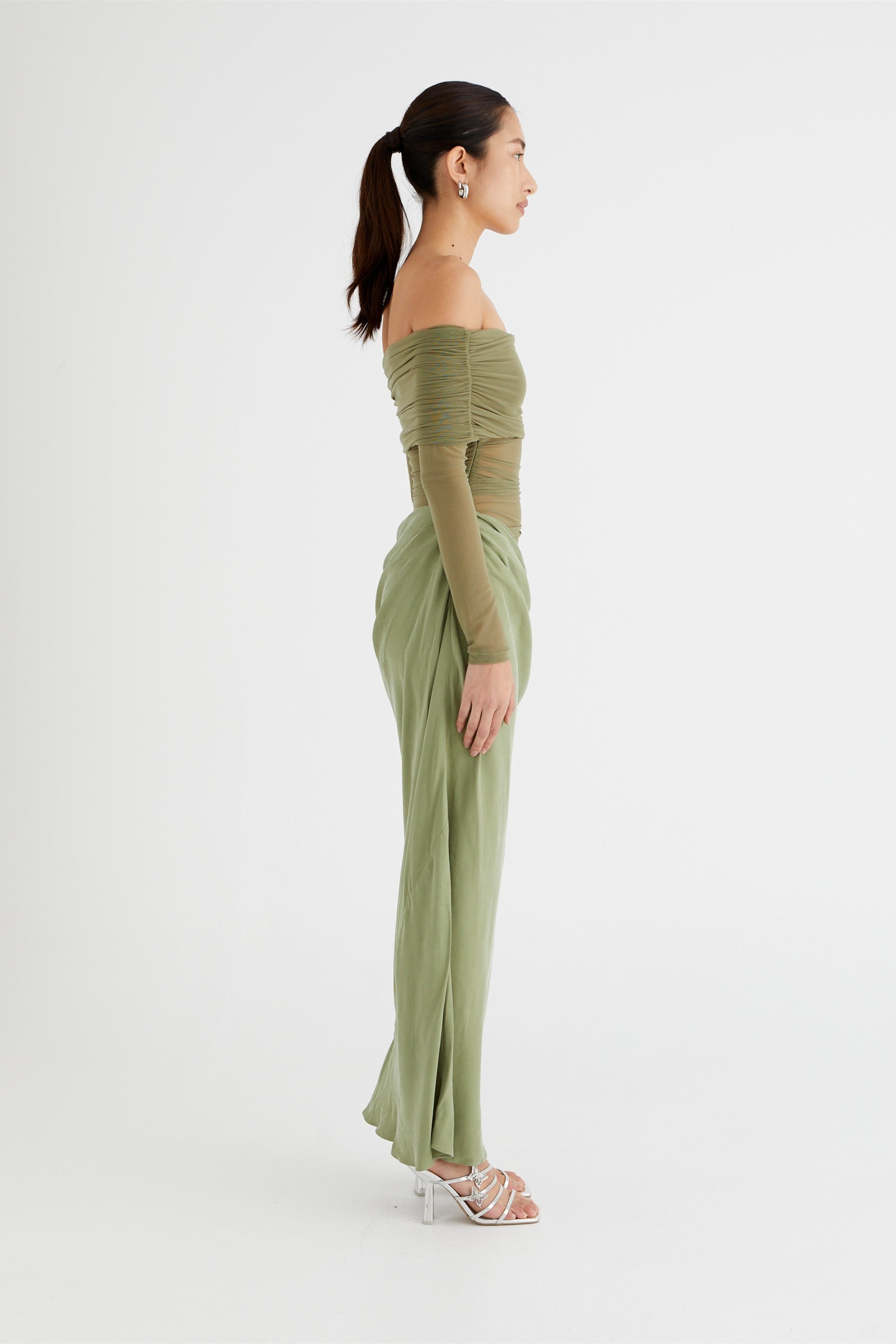 Off Shoulder Long Sleeve Mesh Ruched Cutout Hip Wrap Maxi Dress