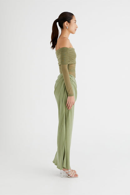 Off Shoulder Long Sleeve Mesh Ruched Cutout Hip Wrap Maxi Dress