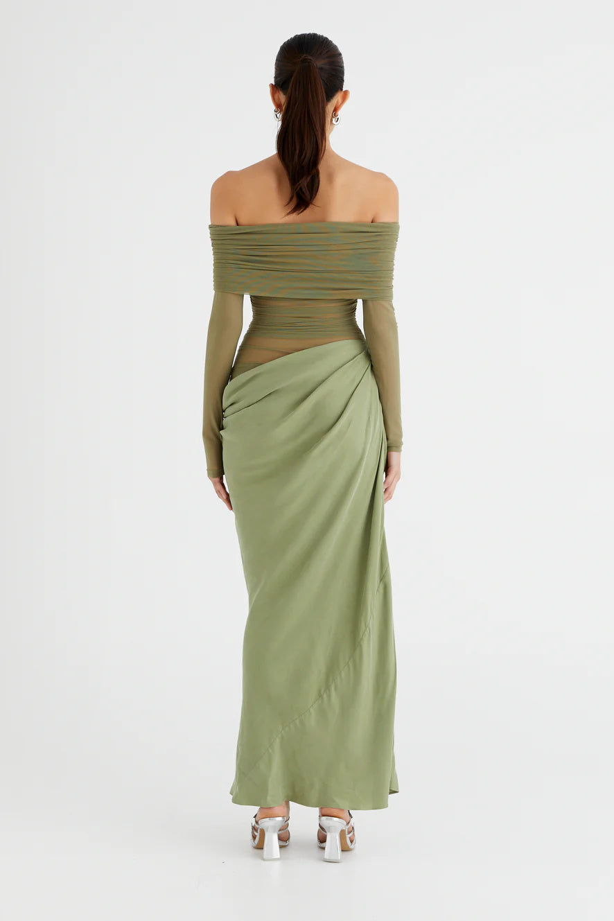 Off Shoulder Long Sleeve Mesh Ruched Cutout Hip Wrap Maxi Dress