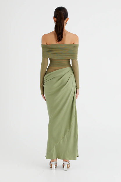 Off Shoulder Long Sleeve Mesh Ruched Cutout Hip Wrap Maxi Dress