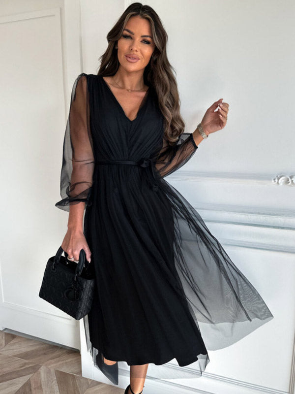 Black Midi Dress V-Neck Belted Backless Daily Casual Dresses